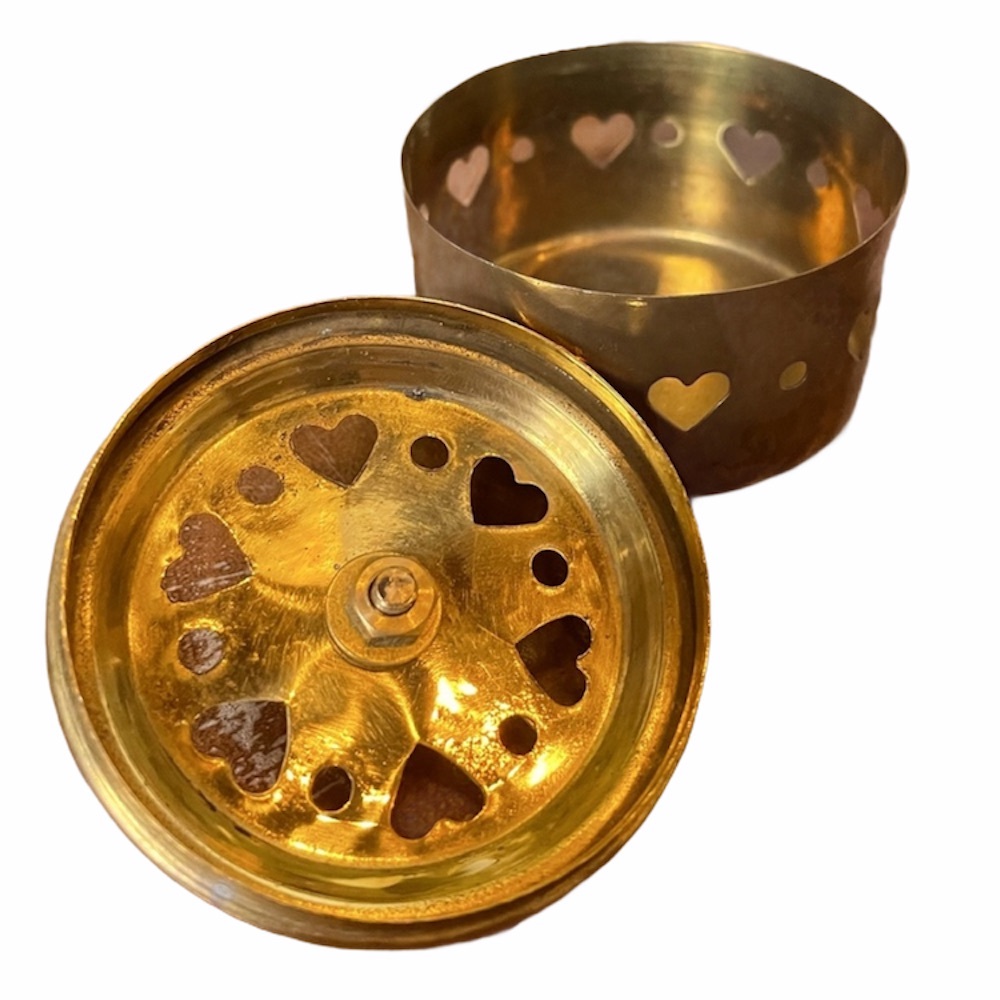 Brass incense burner / cricket box, heart cutouts